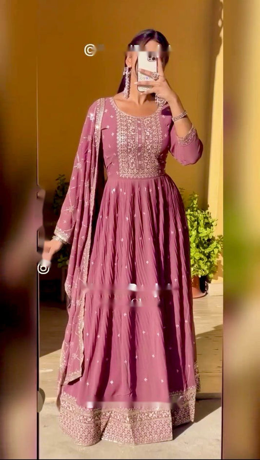 Delightful Georgette Sequence Work Pink Color Anarkali Gown