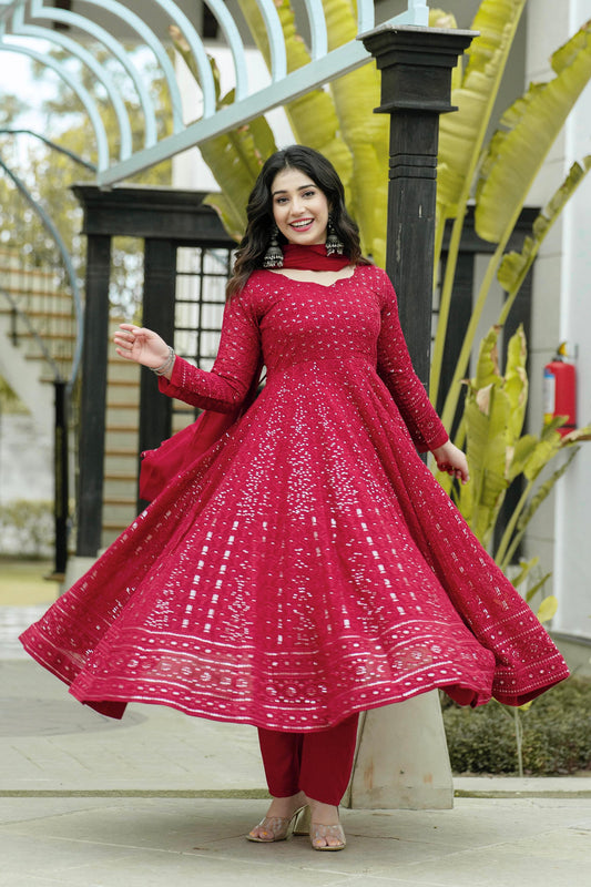 Occasion Wear Embroidery Work Red Color Gown With Duppatta