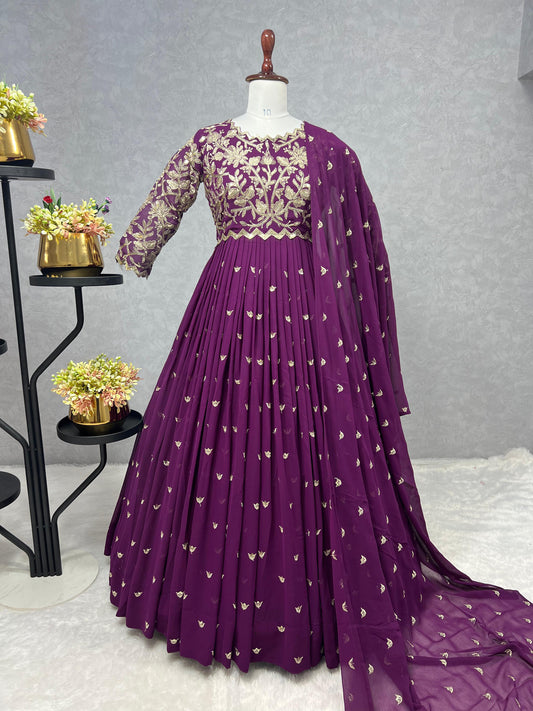 Wonderful Sequence Work Wine Color Gown With Dupatta