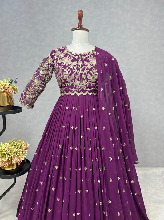 Wonderful Sequence Work Wine Color Gown With Dupatta