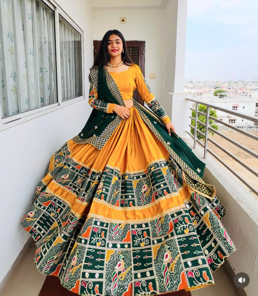 Unique Cotton Orange With Green Lehenga Choli