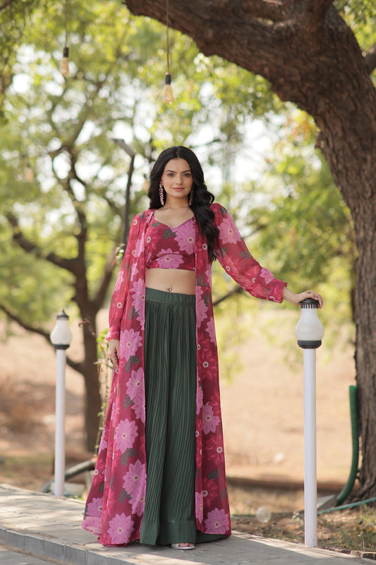 Lovely Georgette Green Lehenga With Blue Flower Print Blouse and Shrug