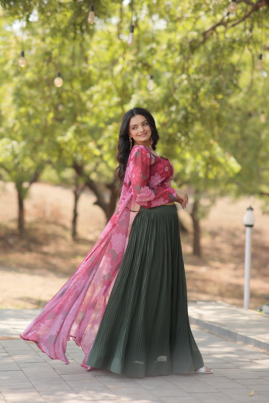 Lovely Georgette Green Lehenga With Blue Flower Print Blouse and Shrug