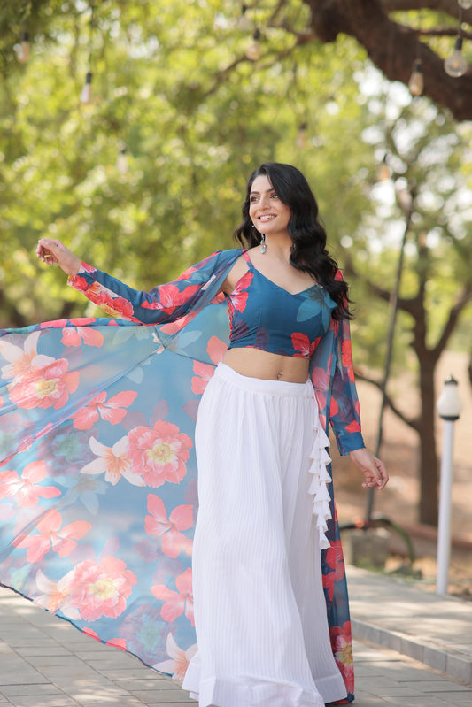 Lovely Georgette White Lehenga With Blue Flower Print Blouse and Shrug