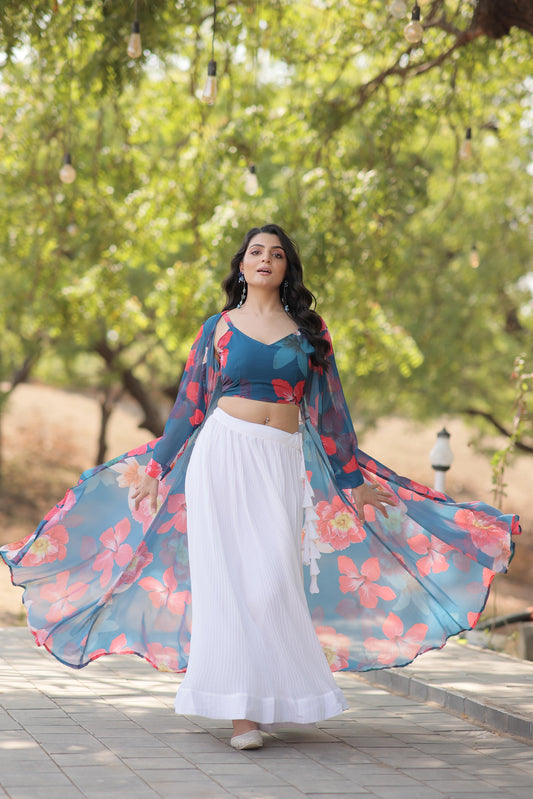 Lovely Georgette White Lehenga With Blue Flower Print Blouse and Shrug