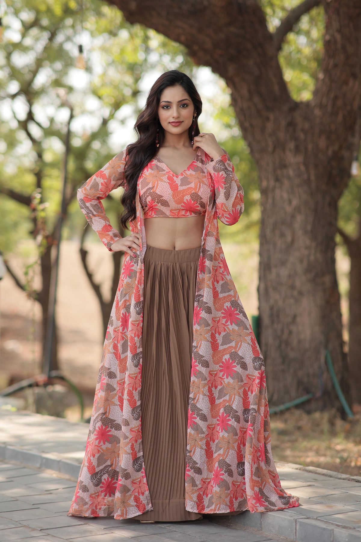 Lovely Georgette Green Lehenga With Beige Flower Print Blouse and Shrug