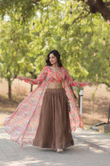 Lovely Georgette Green Lehenga With Beige Flower Print Blouse and Shrug