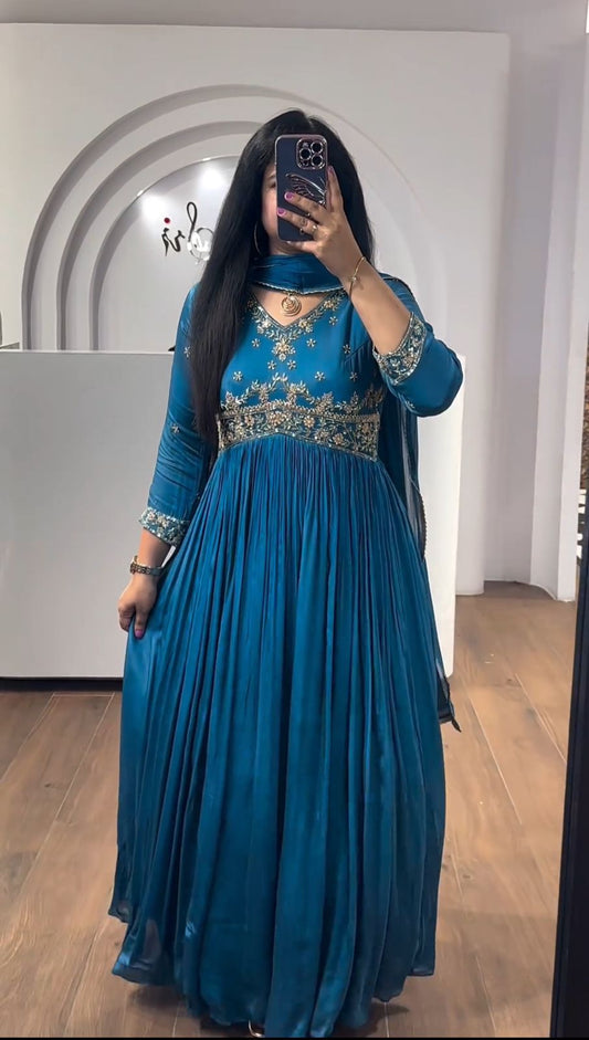 Lovely Thread & Sequence Work Dusty Sky Blue Gown With Dupatta