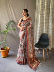 Admiring Malai Cotton Multi Digital Kalamkari Print Grey Color Saree