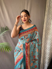 Admiring Malai Cotton Multi Digital Kalamkari Print Sky Blue Color Saree