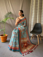 Admiring Malai Cotton Multi Digital Kalamkari Print Sky Blue Color Saree