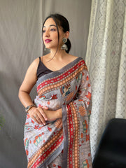 Admiring Malai Cotton Multi Digital Kalamkari Print Grey Color Saree