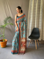 Admiring Malai Cotton Multi Digital Kalamkari Print Sky Blue Color Saree