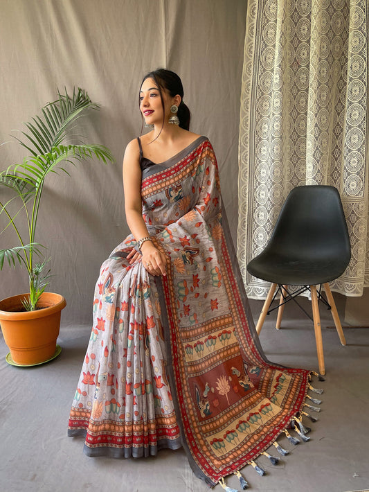 Admiring Malai Cotton Multi Digital Kalamkari Print Grey Color Saree