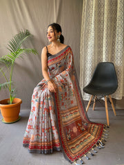 Admiring Malai Cotton Multi Digital Kalamkari Print Grey Color Saree