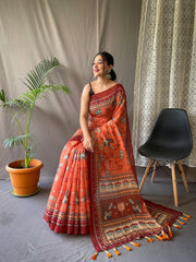 Admiring Malai Cotton Multi Digital Kalamkari Print Orange Color Saree