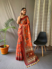 Admiring Malai Cotton Multi Digital Kalamkari Print Orange Color Saree