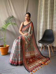 Admiring Malai Cotton Multi Digital Kalamkari Print Mehndi Color Saree