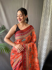 Admiring Malai Cotton Multi Digital Kalamkari Print Orange Color Saree