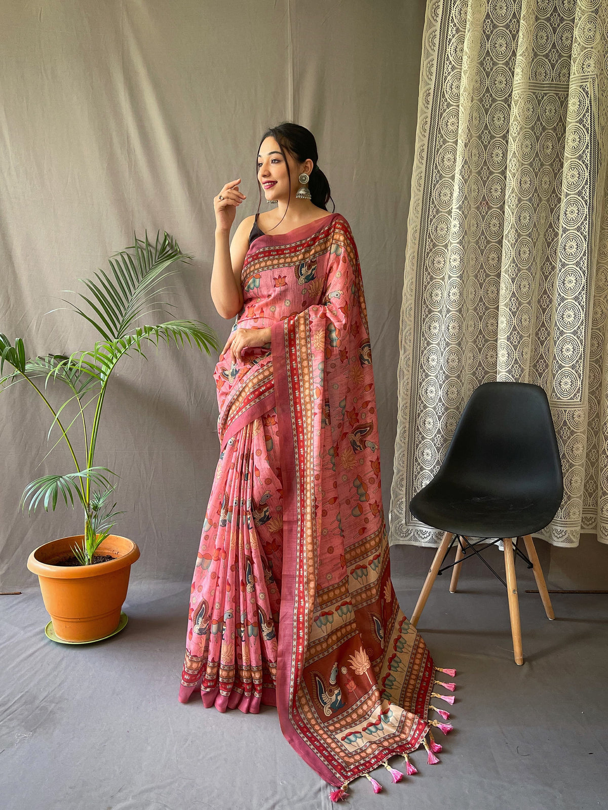 Admiring Malai Cotton Multi Digital Kalamkari Print Pink Color Saree