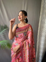 Admiring Malai Cotton Multi Digital Kalamkari Print Pink Color Saree