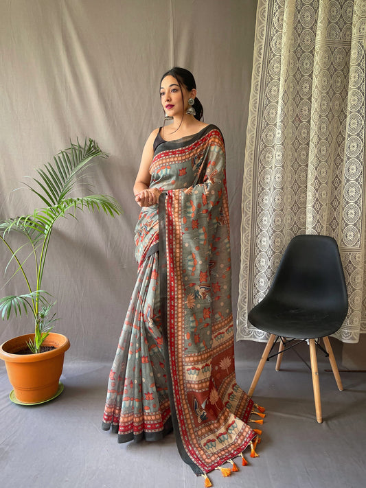 Admiring Malai Cotton Multi Digital Kalamkari Print Mehndi Color Saree