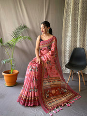 Admiring Malai Cotton Multi Digital Kalamkari Print Pink Color Saree