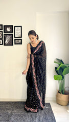 Georgette Heavy Sequence Work Black Color Saree