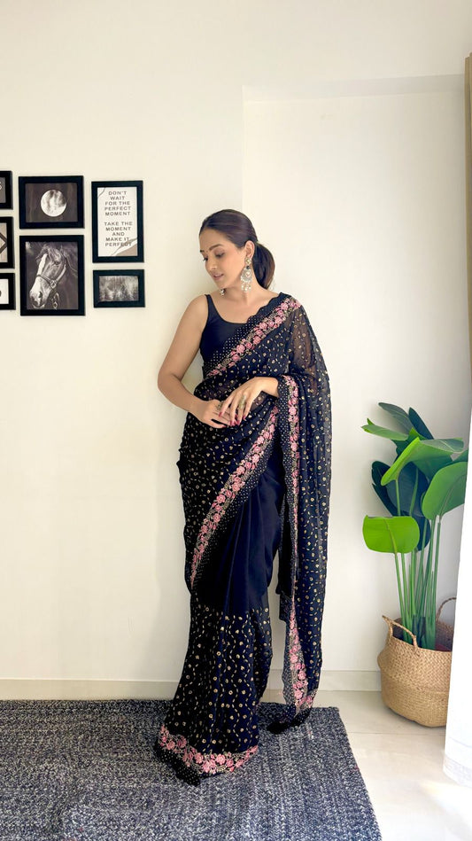 Georgette Heavy Sequence Work Black Color Saree