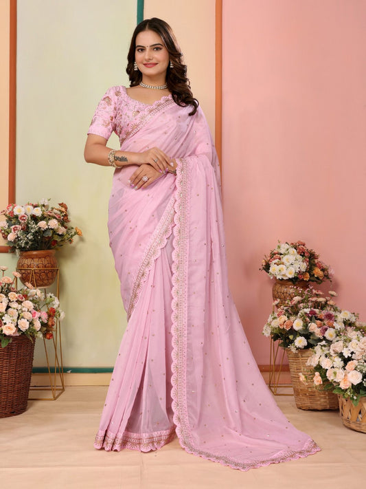 Gorgeous Taby Silk Light Pink Color Designer Saree