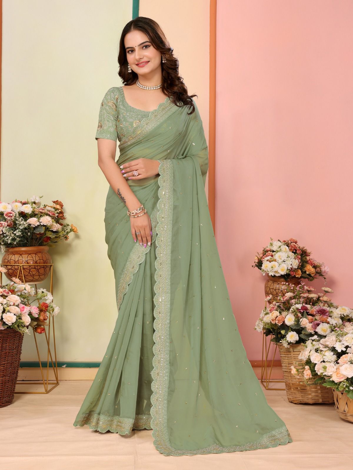 Gorgeous Taby Silk Pista Color Designer Saree