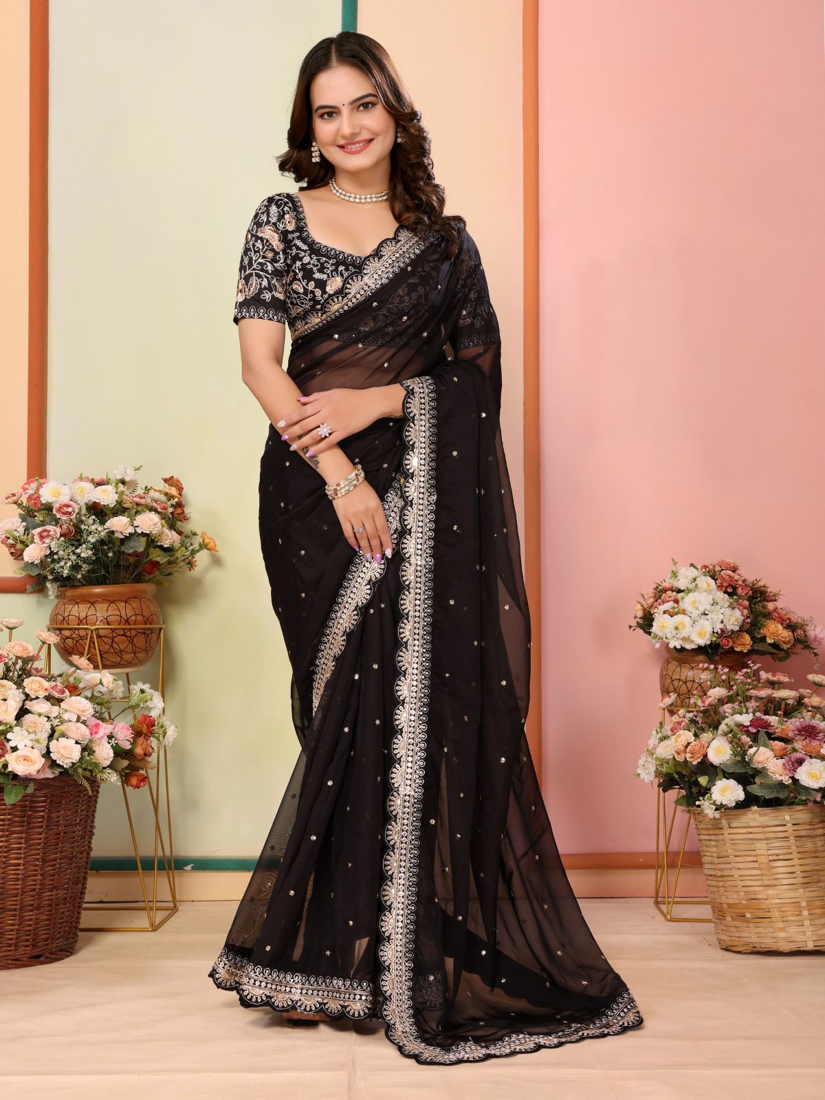 Gorgeous Taby Silk Black Color Designer Saree