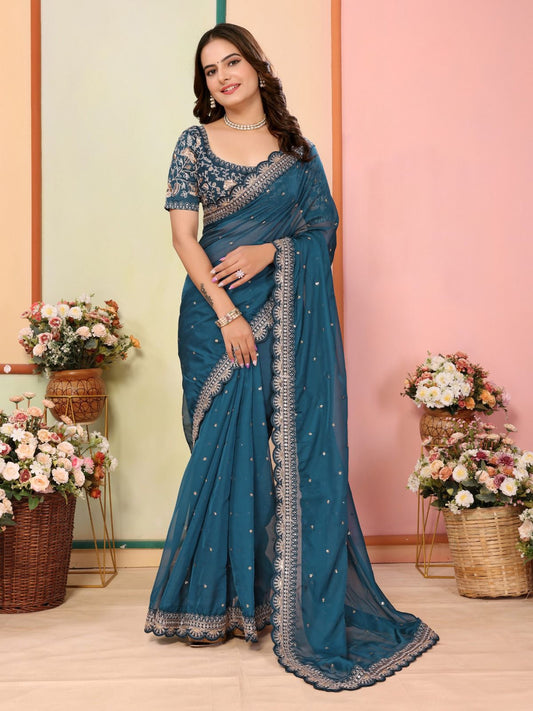 Gorgeous Taby Silk Teal Blue Color Designer Saree