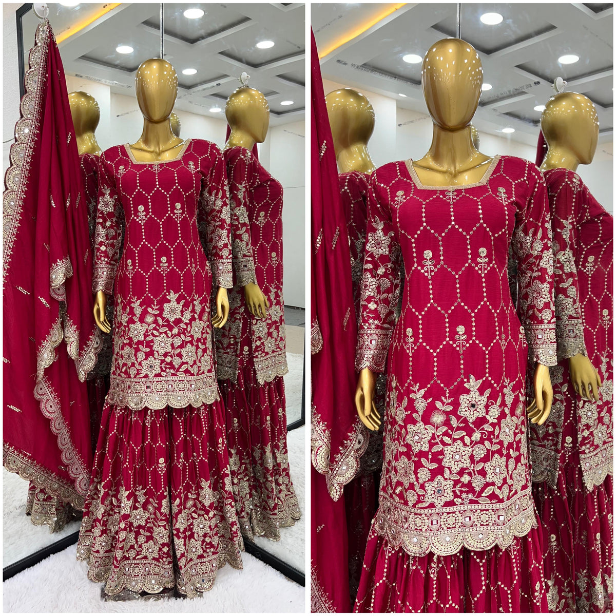 Alluring Chinnon Silk Sequence Work Red Color Sharara Suit