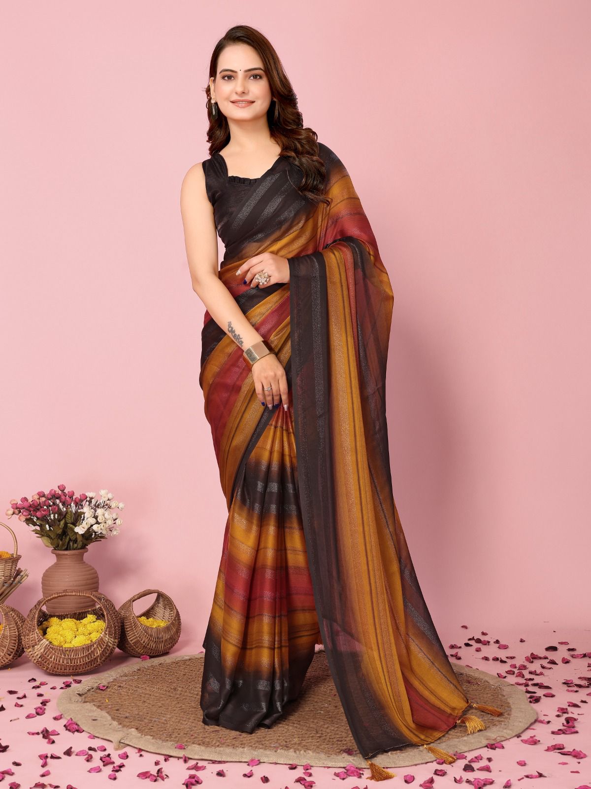 Beautiful Rangoli Silk Multi With Mustard Ready To Wear Saree