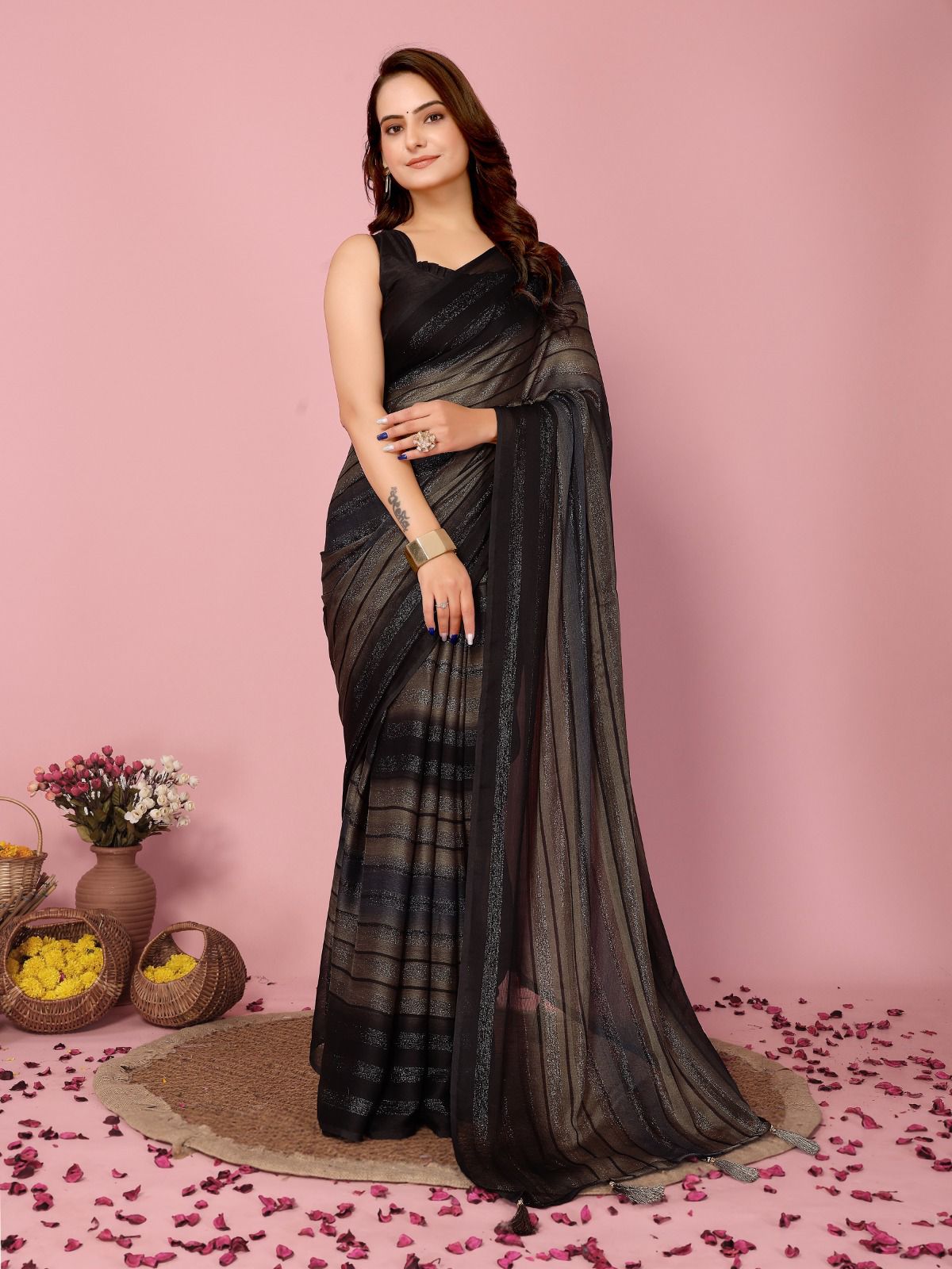 Beautiful Rangoli Silk Multi With Black Ready To Wear Saree