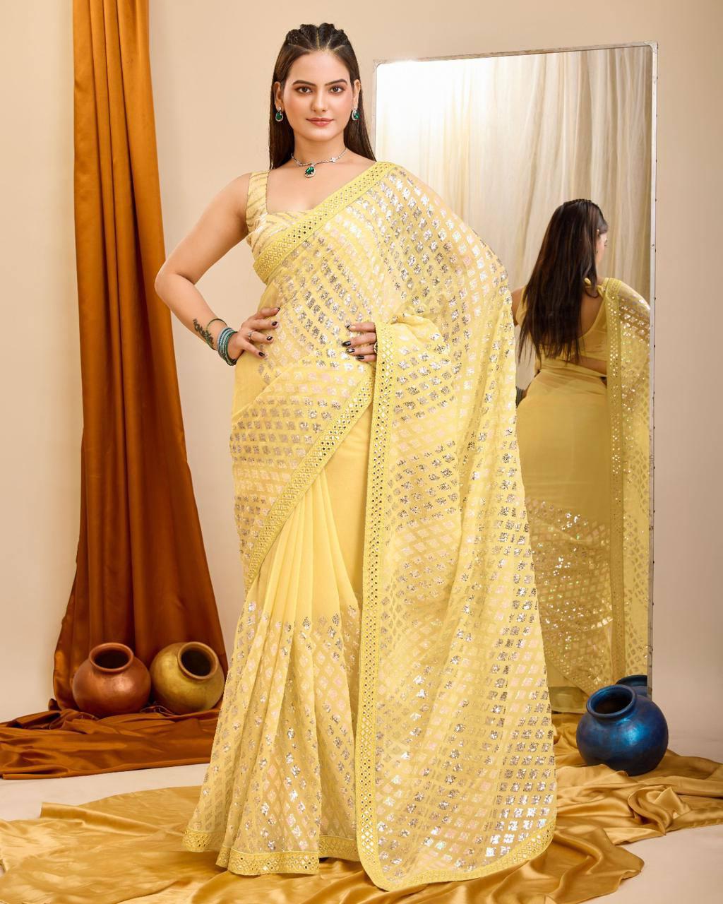 Trendy Heavy Georgette Sequence Work Yellow Color Saree