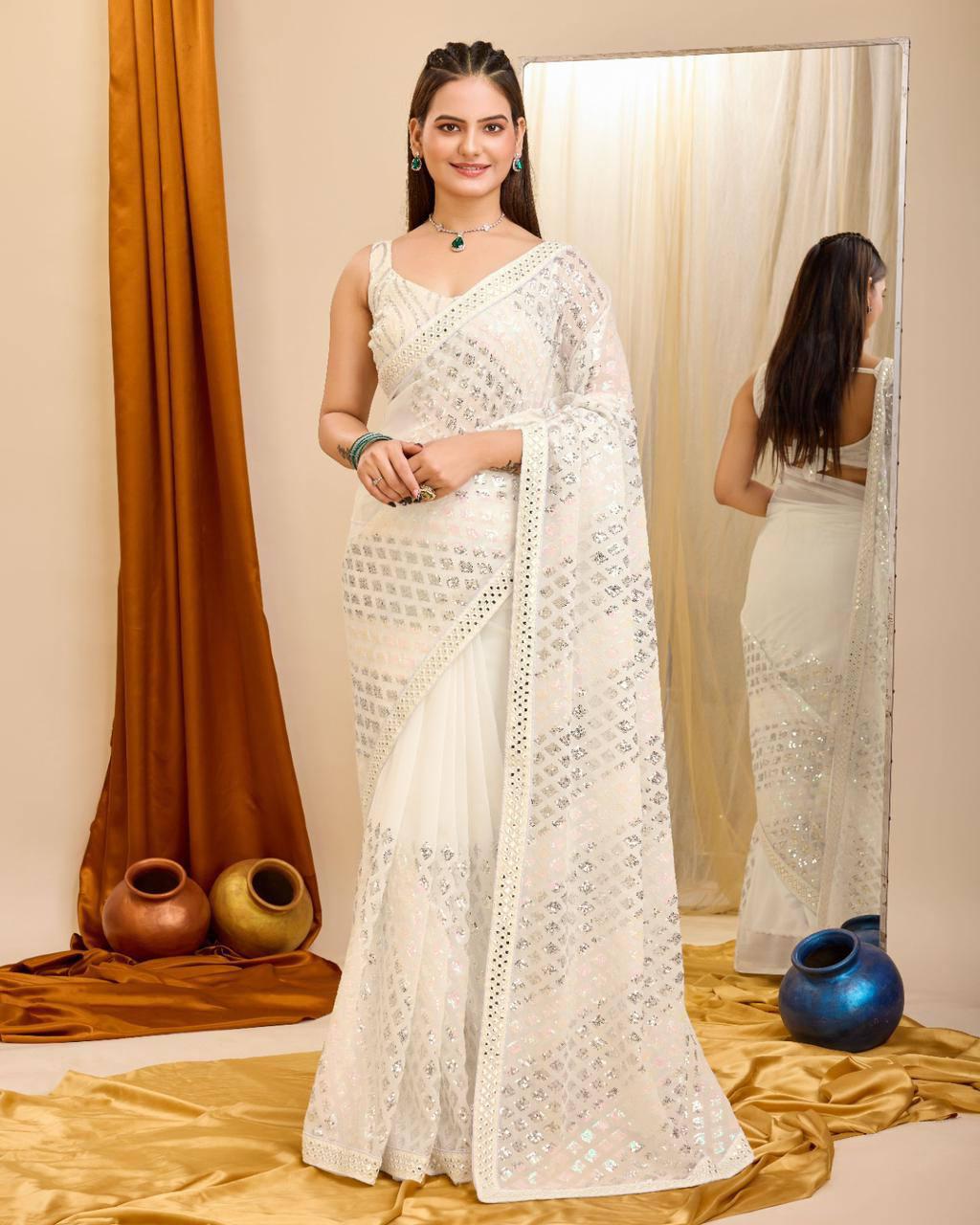 Trendy Heavy Georgette Sequence Work White Color Saree