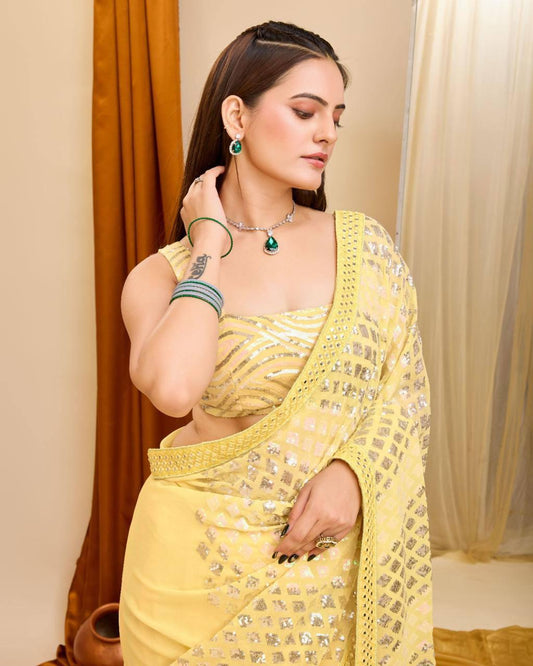 Trendy Heavy Georgette Sequence Work Yellow Color Saree