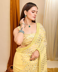 Trendy Heavy Georgette Sequence Work Yellow Color Saree