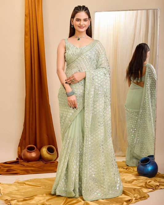 Trendy Heavy Georgette Sequence Work Pista Color Saree