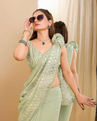 Trendy Heavy Georgette Sequence Work Pista Color Saree