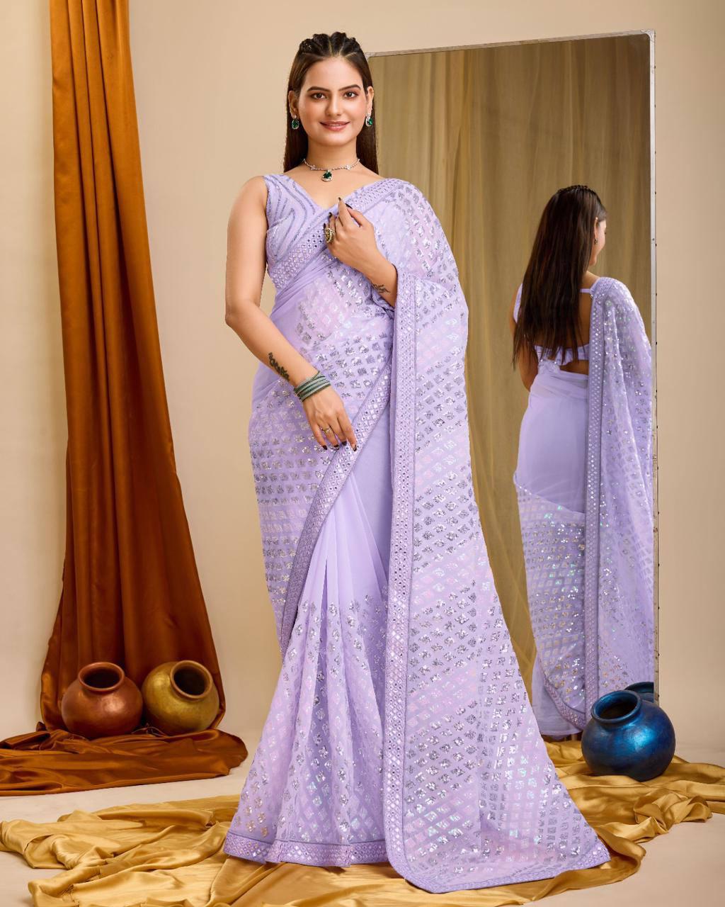 Trendy Heavy Georgette Sequence Work Lavender Color Saree