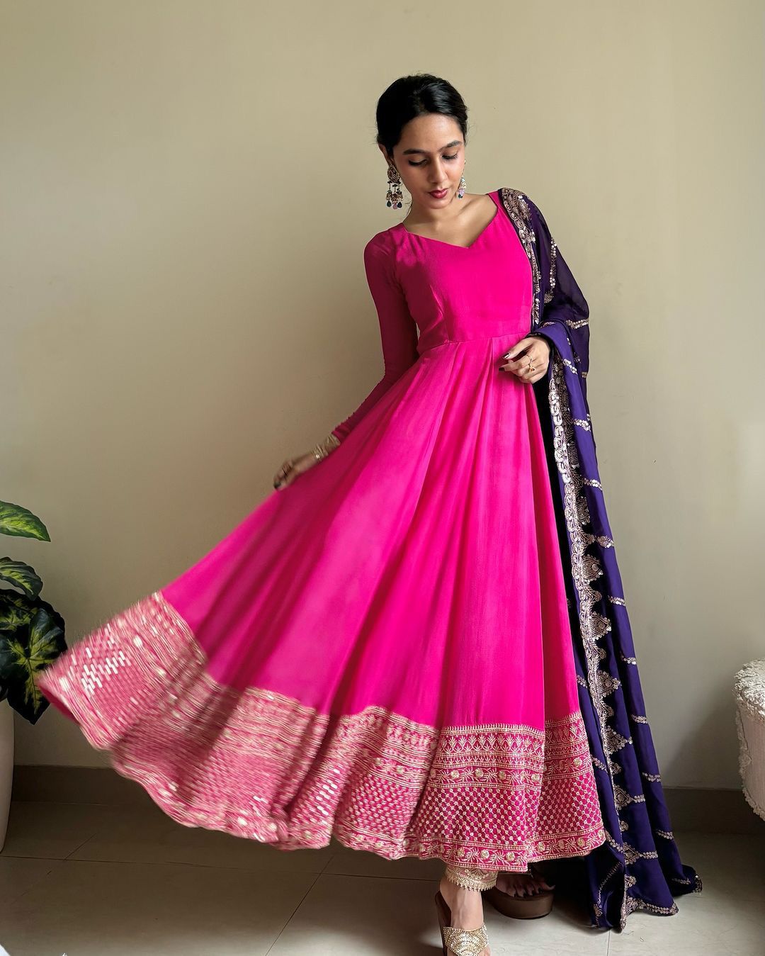 Fancy Pink Color Sequence Work Gown Blue Dupatta