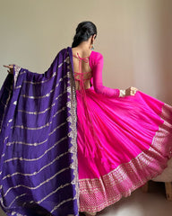 Fancy Pink Color Sequence Work Gown Blue Dupatta