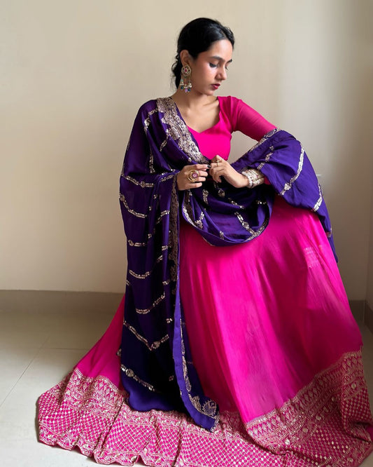 Fancy Pink Color Sequence Work Gown Blue Dupatta