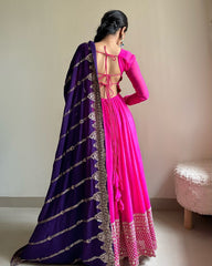 Fancy Pink Color Sequence Work Gown Blue Dupatta