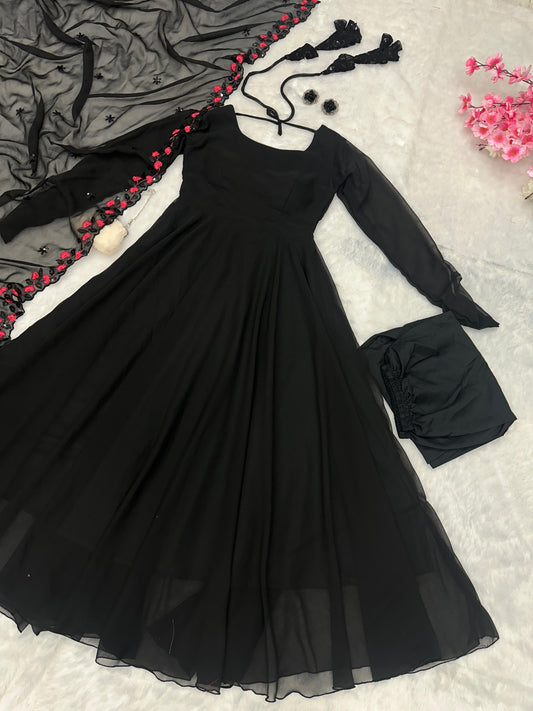 Stylish Plain Black Color Anarkali Gown With Dupatta