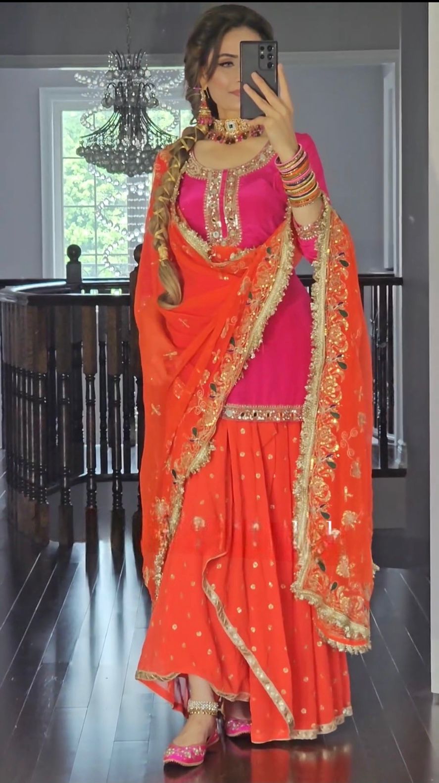 Georgette Sequence Work Pink With Orange Lehenga Suit