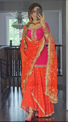 Georgette Sequence Work Pink With Orange Lehenga Suit